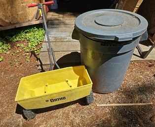 S2 Yellow Lawn Seeder With Rubbermaid Trash Can