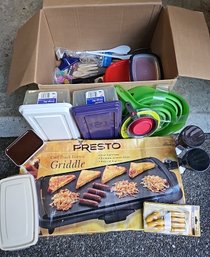 R0 Box Of Kitchen Supplies Including Storage Containers, Two Plastic Cups, A Presto Electric Griddle, & More