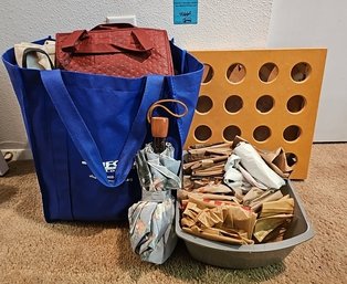 R6 Reusable Bags And Grocery Bags, Umbrella, And Wooden Item