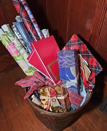 R5 Basket Of Wrapping Paper, Holiday Cards, Bags, And Decor