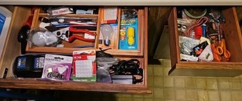 R3 Two Drawers Of Small Household Items Including Shears, Scissors,Felt Pads,Light Bulbs,Metal Flower Holder