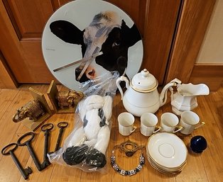 R2 Cow Clock And Stuffed Animal, Tea Set, Vintage Keys, And Elephant Book Ends