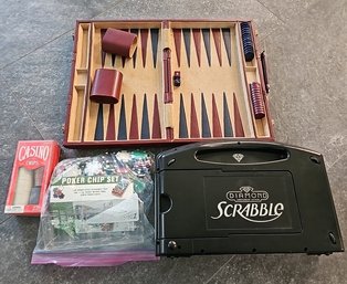 R3 Box Of Poker Chips, Scrabble, And Backgammon