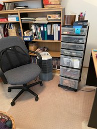 Office Chair With Back Support, Office Mat, Patton Area Heater, Plastic Storage Bin With Office Supplies