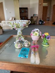 Staffordshire Floral Figurines And German Style Floral Bowl And Candel Holders