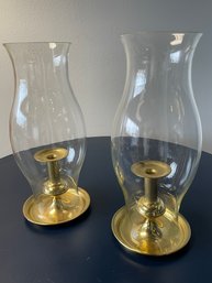 Two 20in Glass Hurricane Lamps With Brass Base Candleholders