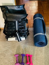 Rm6 Chrome Backpack, Yoga Mat, One And Two Pound Sets Of Weights