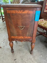 Vintage Inlaid And Carved Wood Table With Door And Storage