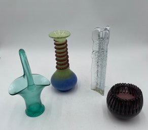 R1 Possibly Fenton Glass Basket, A Blenko Vase, Abs Two Other Glass Vases