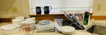 Rm6 Plates, Bowls, Serving Ware, Pyrex Measuring Cup, Dishwashing Dryer Rack And Other Kitchen Items
