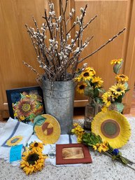 R5 Sunflower Plates, Placemats, Artificial Flowers, Glass Jar/vase And Wire Holder Large Metal Vase With Drie
