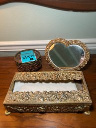R7 Vintage Gold Decorative Items Including Tissue Box Holder, Heart Shaped Mirror, And Glass Jewelry Box