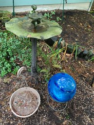 R0 Birdbath, 2 Hanging Plant Pots (one With Plant In It), Glass Sculpture With Metal Holder Outdoor Decor