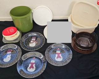 R3 Four Plastic Snowman Plates, Plastic Food Storage Containers, And Other Assorted Dishes