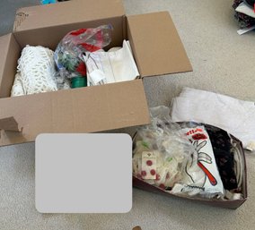 R3 Lot Of Linens, Yarn,  Bag Of Buttons, Craft Materials