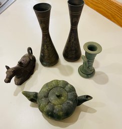 Rm6 Figurines Including Possibly Jade Teapot, Horse, Vases