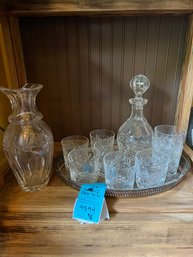 Crystal Decanter, Eight  Tumblers,  Vase And Silverplate Tray