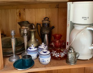 Gevalia Coffee Maker, Vintage Hammered Decanter, Vintage Brass Etched Vase, 2 Cathrin Holm Vessels