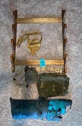 R14 Pole/gun Rack, Military Belt, Pouch And Canteen. Tent Of Unknown Brand And Size