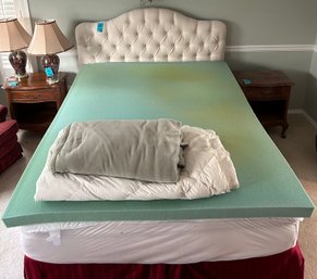 R7 Queen Size Bed Frame, Box Spring, Mattress, Memory Foam Topper, Cream Fabric Tufted Headboard, Comforter