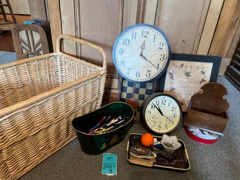 R5 Large Basket, Two Clocks, Tins, Pens, Framed Quote, Office Tray With Bits And Bobs