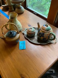 Matched Teapot And Sugar Bowl, Pottery Pitcher, Sakura Teapot, Brass Tray
