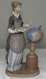 BNH Lladro Spain Porcelain School Marm Teacher With Globe Figure