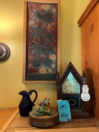 Wall Art, Sessions Mantle Clock,  Willets World Wild Life Fund Tree Frog Music Box, Blue Glass Pitcher