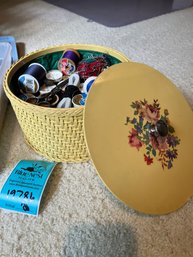 Rm8 Vintage Round Sewing Tin/Basket. Wicker With Metal Lid   Two Containers Of Sewing Supplies