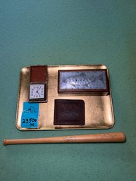 R7 Gold Tray With Assortment Of Items Including Leather Embossed Wallet, Vintage Wood Box, Pocket Watch