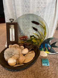 R13 Large Frog Themed Glass Plate, Decorative Wood Fish, Wood Bowl With Shells, Vintage Indoor Outdoor Thermom