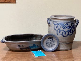 R4 Rowe Pottery Works Casserole And Spoon Rest.  Unmarked Salt Glazed Pottery. Possibly German.
