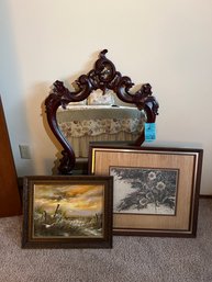 R12 Two Pieces Wall Art And Ornate Framed Mirror.  Mirror Frame Is Wood