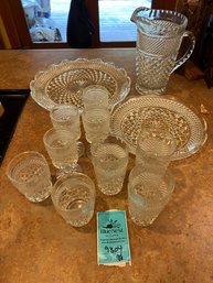 Matching Glass Pitcher, Glasses, Serving Plate And Divided Appetiver Plate