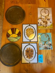 Wall Art - Dream Catchers, Three Pieces Of Stain Glass, Two Brass Decorative Tray With Wall Hangers