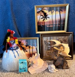 R11 Vintage John Perry Bird Statue, Hula Doll, Shells, Sunset Framed Photos And Natural Framed Art