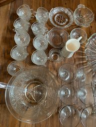 Various Cut Glassware, Candlesticks, Tall Glass Vase, Punch Glasses, Punch Bowl, Champagne Glasses