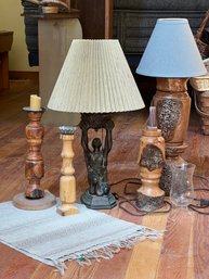 R5 Various Types Of Lamps, Metal Sculpture Lamp, Turned Wood Lamp, Candle Holders, Table Runner  42in X 15in