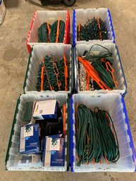 Assorted Christmas Lights Strands, Several Long Outdoor Extension Cords, Outdoor Plugs