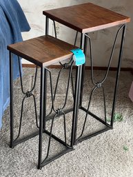 R11 Two Iron And Wood Plant Stands 29.5in Tall X 13.75 Square And 25in Tall X 11in Square