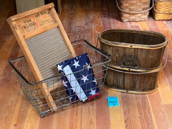 R5 Americana Lot - Flag, Glass Front Washboard, Vintage Magazine Holder With Metal Accents And Vintage Metal W