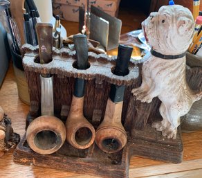 Pipe Stand With 3 Tobacco Pipes, Mug With Dragon Handle, Large Mig, Small Gnome Wooden Figurine