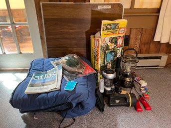 R4 Camping Gear   Prints Two Burner Stove, Colman Flannel Sleeping Bag, Mag Lite Flashlight, Folding Table