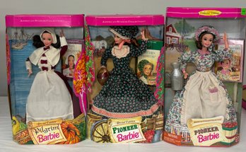 BNH American Stories Collection, Two Pioneer Barbies And One Pilgrim Barbie By Mattel, All With Boxes