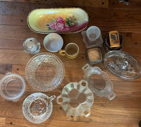 Glass Cake Stand, Assorted Glass Dishes, Small Glass Pitcher, Small Tiered Stand,  Various Plates, Various Cup