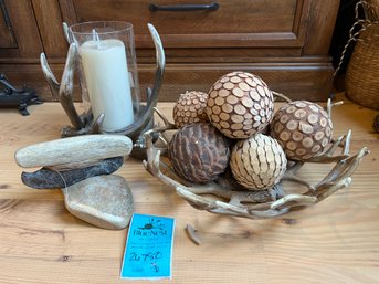 R1 Decorative Anyler Style Bowl With Spheres, Antler Candle Holder With Battery Candle, Decorative Stone Knife
