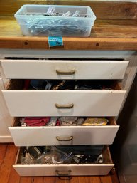 R3 Four Kitchen Drawers And Container Of Flatware.  Kitchen Towels, Flatware, Cooking Tools And Junk Drawer