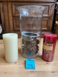 R1 Two Wax Pillar Candles And Large Glass Hurricane Candle Holder