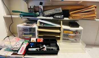 R11 Office Supply Lot Paper Cutter, Lens, Scissors, Rulers, Velcro, Paper Trays, Organizer Shelves, Paperclips