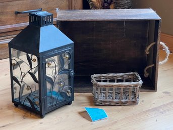 R1 Candle Lantern, Wood Box 15in X 12in X 8in And Small Wicker Basket